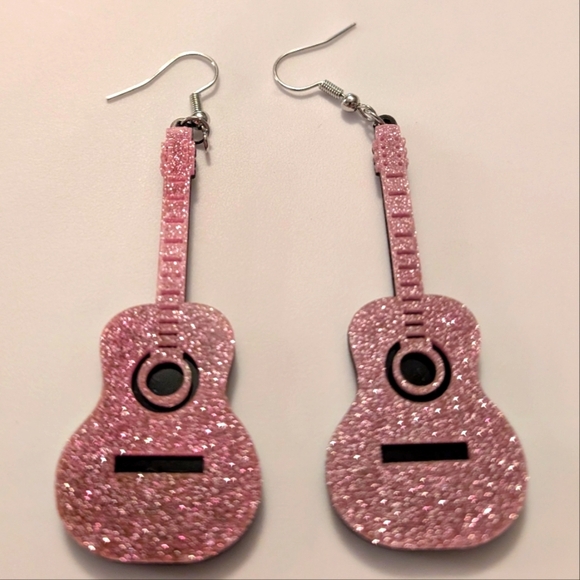 Pink Guitar Sparkling Novelty Earrings NWT - Picture 1 of 1